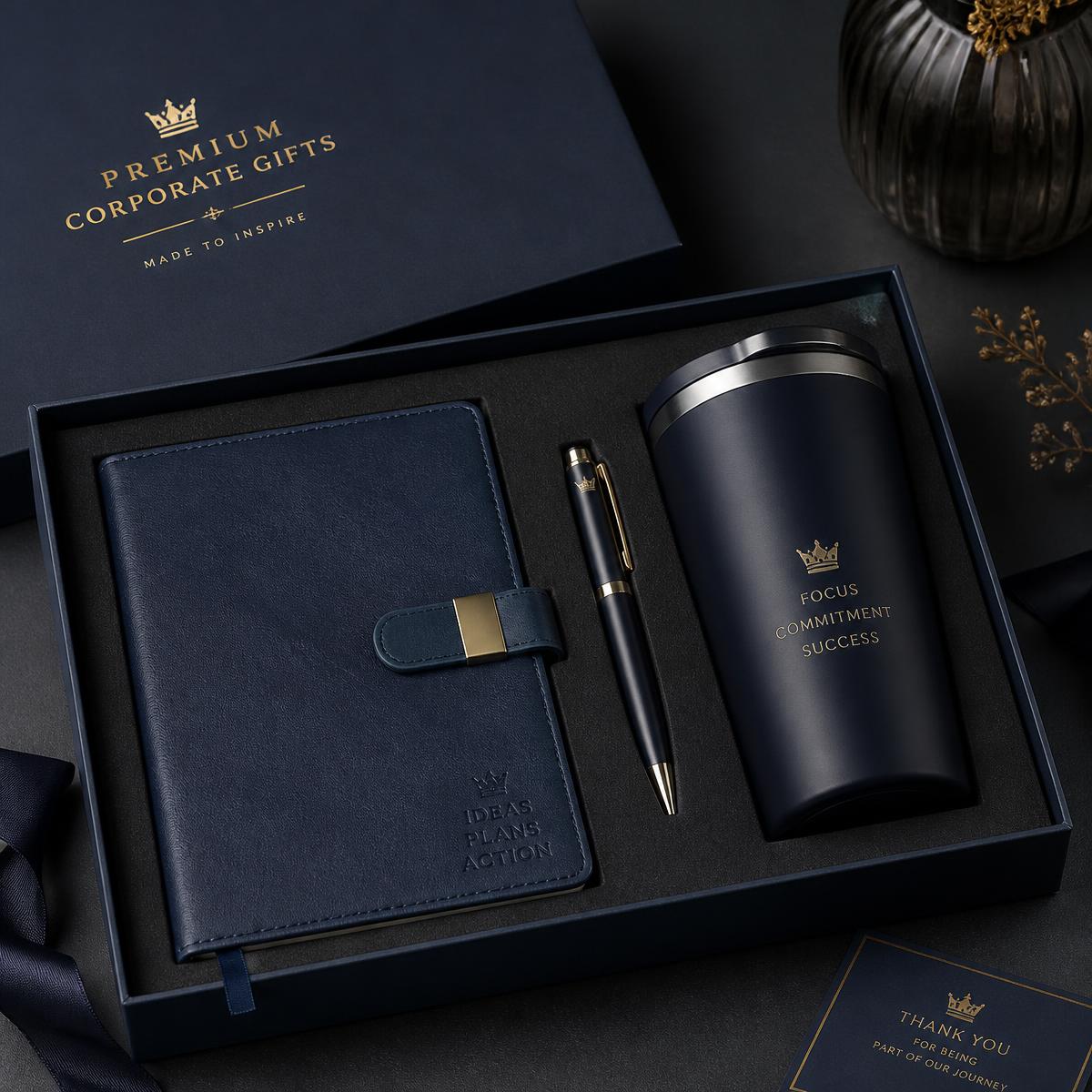 Open welcome kit showing leather folio, gold-trim pen and insulated tumbler
