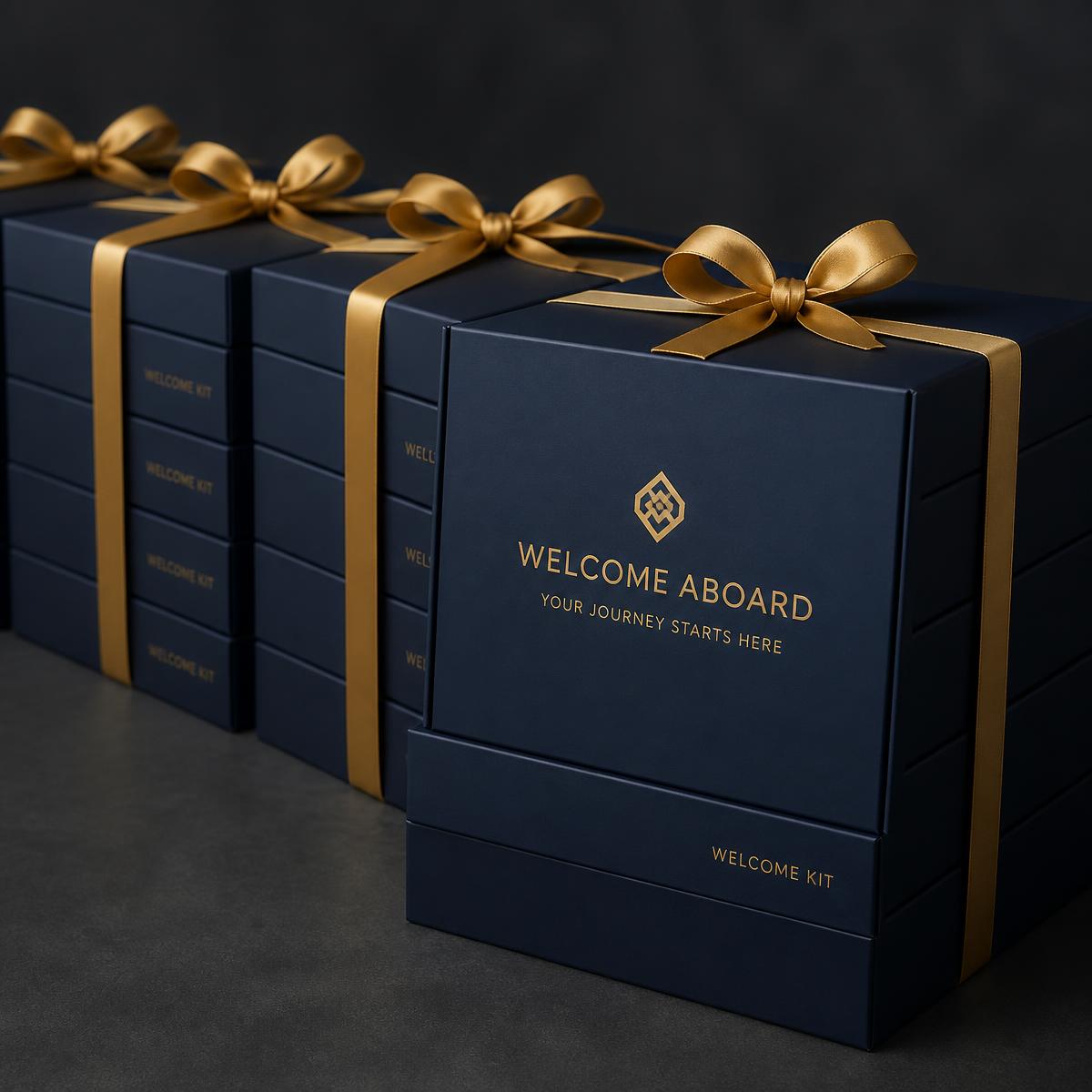 Row of navy welcome kit boxes tied with gold ribbon, ready for bulk dispatch